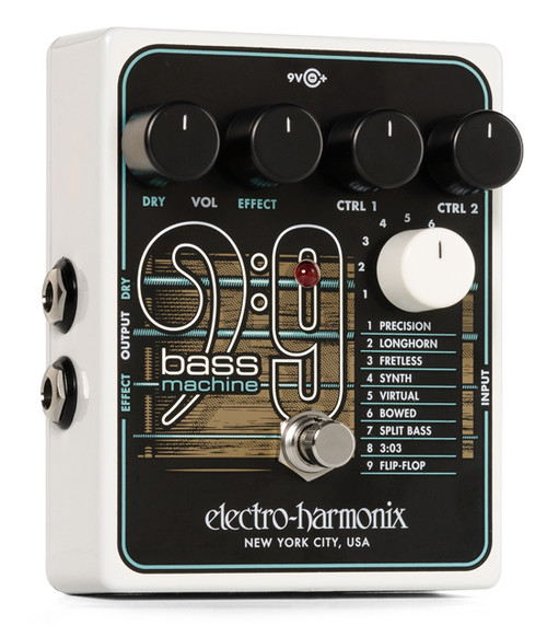 Electro-Harmonix BASS9 Bass Machine pedal featuring nine selectable bass emulations, blend and control knobs for shaping tone, fast tracking, and realistic low-end response for guitar players.