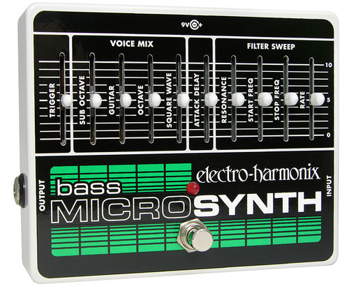 Electro-Harmonix Bass Micro Synth pedal featuring analog oscillator, sub-octave, square wave, and attack delay voices, with full envelope control for rich vintage-style bass synthesizer tones.