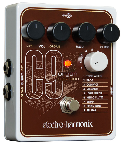 Electro-Harmonix C9 Organ Machine pedal featuring nine classic organ presets, modulation and click controls, realistic organ-style tone shaping, and fast tracking for guitar and keyboards.