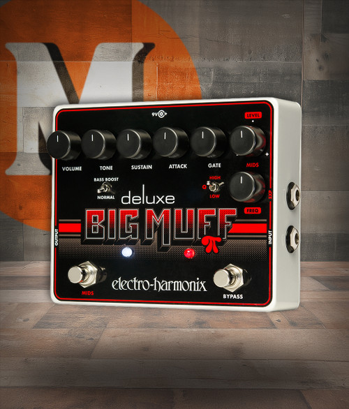Electro-Harmonix Deluxe Big Muff Pi pedal featuring expanded tone shaping, adjustable mids section, built-in noise gate, classic Big Muff sustain, and rugged EHX construction for professional fuzz tones.