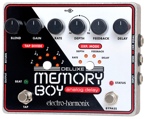 Electro-Harmonix Deluxe Memory Boy analog delay pedal featuring bucket-brigade circuitry, tap tempo, modulation controls, expression input, and rich vintage-style delay textures.