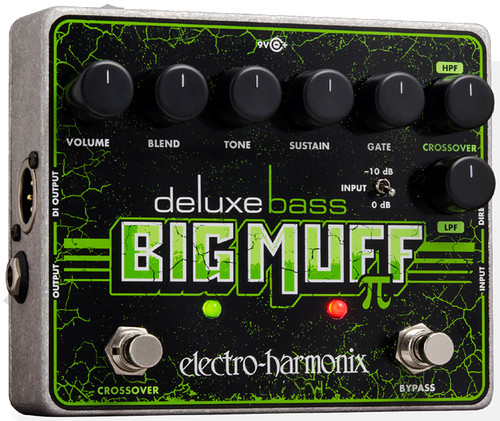 Electro-Harmonix Deluxe Bass Big Muff Pi pedal featuring expanded EQ, crossover control, built-in noise gate, blend knob for retaining low-end clarity, and the iconic Big Muff fuzz tailored for bass.