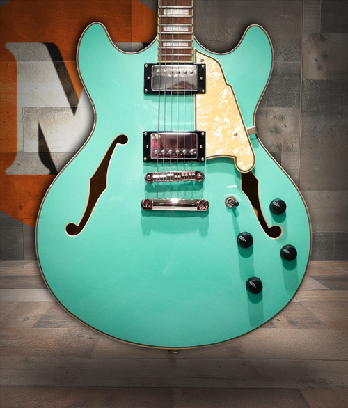 Shop the D'Angelico Premier DC Semi-Hollow Electric Guitar in Surf Green (DAPDCSGRNS) at Musician Madness. Smooth tone, modern style, fast shipping.