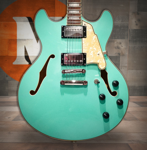 Shop the D'Angelico Premier DC Semi-Hollow Electric Guitar in Surf Green (DAPDCSGRNS) at Musician Madness. Smooth tone, modern style, fast shipping.