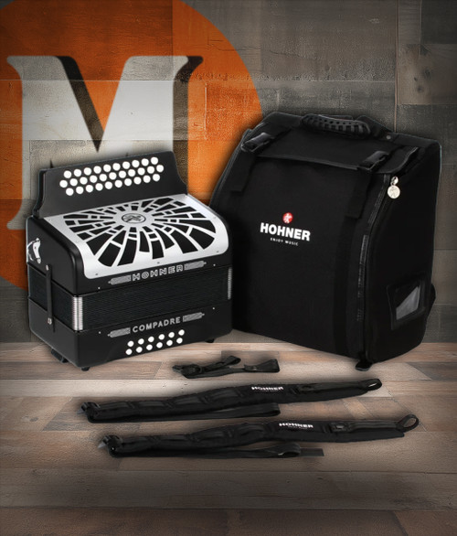 The Hohner Compadre EAD diatonic accordion in black with a silver grille includes a gig bag and delivers crisp response and durability for norteÃƒÂ±o and conjunto styles. Available at Musician Madness.
