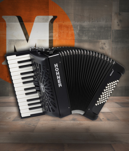The Hohner Bravo II 48 piano accordion in jet black (BR48BLK) is a lightweight, beginner-friendly instrument with classic Hohner tone, ideal for students and new players. Available at Musician Madness.