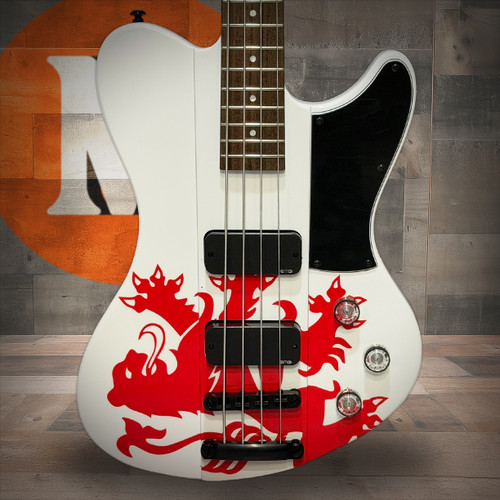 Schecter Simon Gallup Ultra Spitfire Bass Guitar - Gloss White with Red Lion Graphic (2254) | Musician Madness