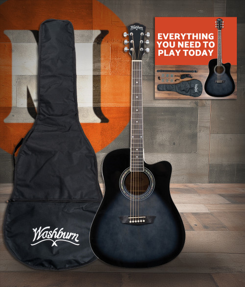 Washburn WA90CETBBPACK Learn & Play Pack Acoustic Electric Guitar Bundle - Transparent Black Burst (WA90CETBBPACK-U)