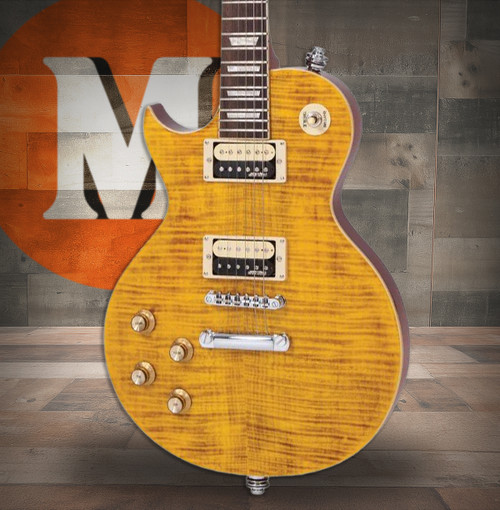 Vintage V100AFD Reissued Electric Guitar Left Hand - Flamed Amber (LV100AFD)