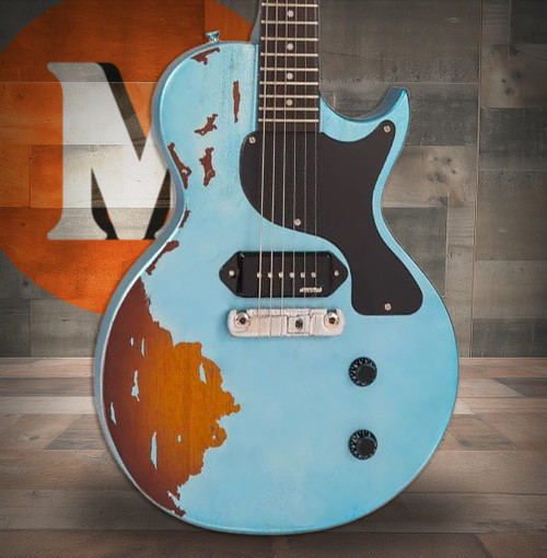 Vintage V120 ICON Electric Guitar ~ Distressed Gun Hill Blue Over Sunburst (V120MRGHB)|Musician Madness