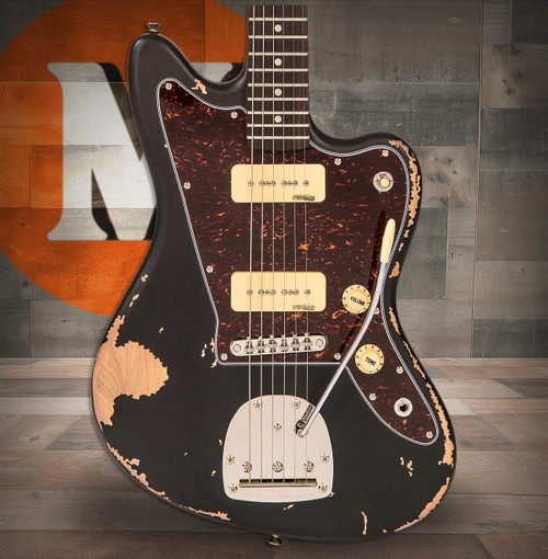 Vintage V65 ICON Vibrato Electric Guitar - Distressed Black (V65VMRBK)|Musician Madness