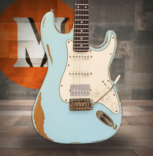 Vintage V6H ICON HSS Electric Guitar - Ultra-Gloss Distressed Laguna Blue (V6HMRLB)|Musician Madness