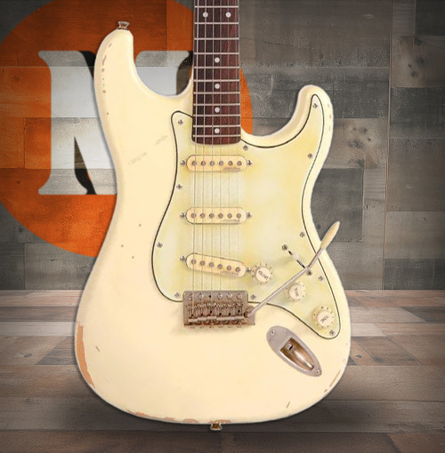 Vintage V6 Thomas Blug Signature Electric Guitar - Distressed Vintage White (V6MRTBG) | Musician Madness
