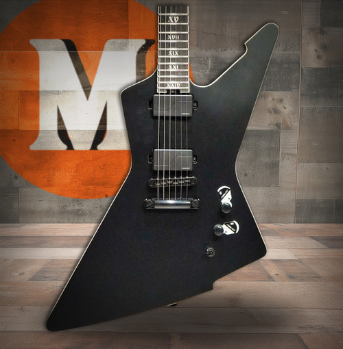 Schecter E-1 SLS Evil Twin electric guitar in Satin Black featuring an angular body design, ultra-thin neck profile, high-output humbuckers, premium SLS construction, and modern blacked-out hardware.