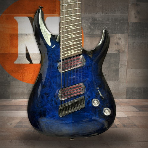 Schecter Omen Elite-8 MS 8-String Electric Guitar – See-Thru Blue Burst (2467) | Musician Madness