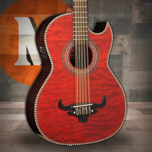 Oscar Schmidt OH32SEQTR Acoustic Electric Bajo Quinto w/Bag - Quilt Trans Red (OH32SEQTR-U) | Musician Madness