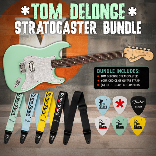 Fender Tom DeLonge Stratocaster Rosewood Fingerboard - Surf Green Picks & Strap Bundle | Musician Madness