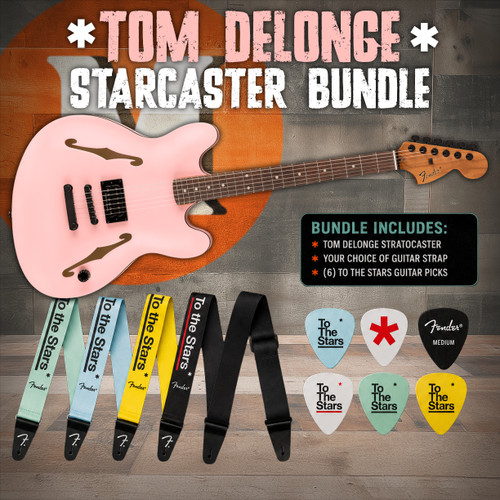 Fender Tom DeLonge Starcaster Rosewood Fingerboard, Black Hardware - Satin Shell Pink Picks and  Strap Bundle  | Musician Madness