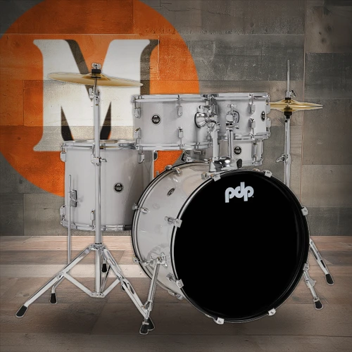 PDP Center Stage 5-Piece Drum Kit with Hardware Cymbals and Throne - Diamond White Sparkle (PDCE2215KTDW) | Musician Madness