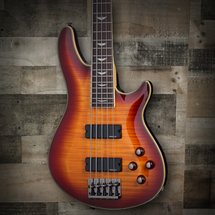 Schecter Omen Extreme-5 Electric Bass Guitar – 5-string bass featuring quilted maple top, dual humbuckers, active EQ, and contoured body for deep tone and comfortable modern playability