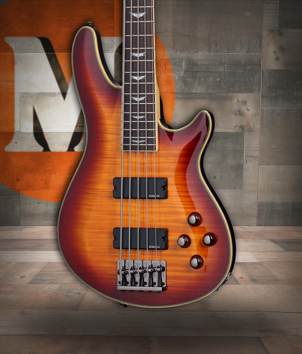 Schecter Omen Extreme-5 Electric Bass Guitar - 5-string bass featuring quilted maple top, dual humbuckers, active EQ, and contoured body for deep tone and comfortable modern playability
