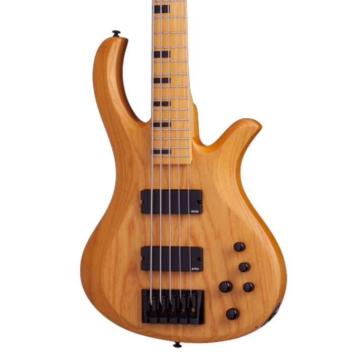 The Schecter Riot Session-5 (2853) features a contoured swamp ash body paired with a smooth maple neck for fast, comfortable playability. Active EMG pickups deliver punchy lows, crisp highs, and tight articulation across the extended 5-string range. With boutique-style curves and a modern satin finish, this bass offers professional tone and performance for stage and studio.