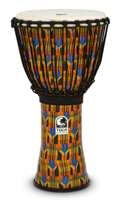 The Toca Freestyle 12" Djembe (SFDJ-12K) features a lightweight synthetic shell with a pre-stretched synthetic head that delivers warm bass tones and crisp slaps. Its colorful Kente design adds visual flair while maintaining durability. Ideal for drum circles, educational settings, practice, and performers needing a portable, reliable hand drum.