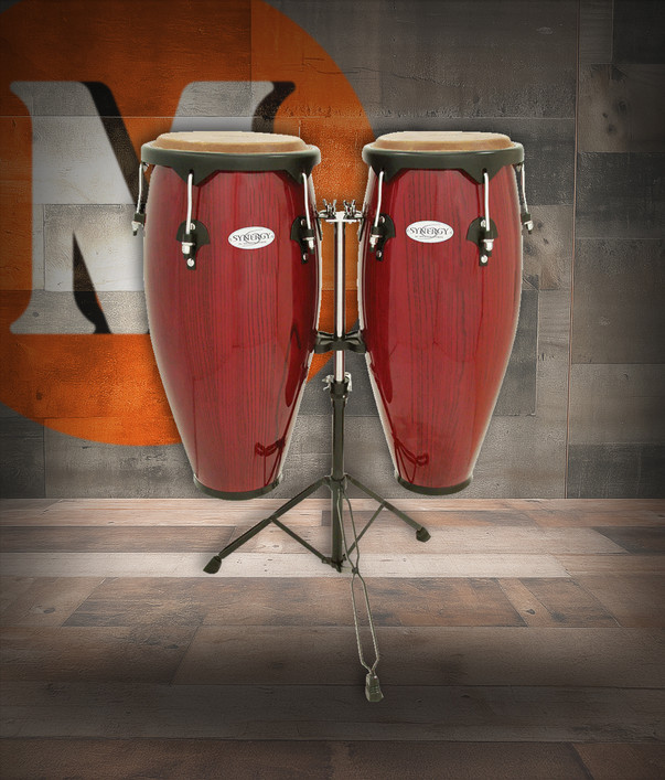 Toca Synergy Conga Set 10"/11" - Red (2300RR) featuring two red congas with matching hardware, warm resonant shells, and an included adjustable double stand.