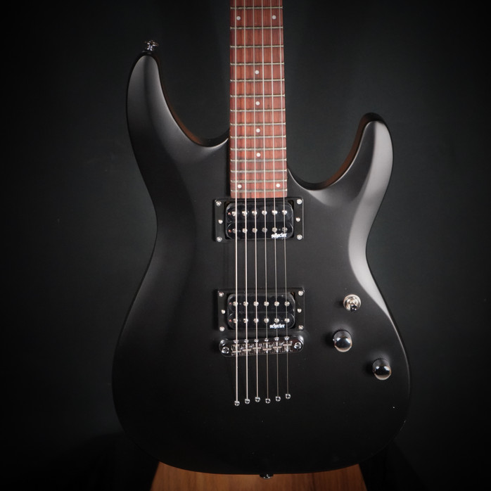 Schecter C-6 Deluxe Electric Guitar - Satin Black finish with dual humbuckers, lightweight basswood body, and smooth maple neck for modern tone and easy playability