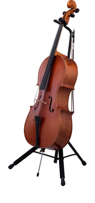 Hercules DS580B Auto Grip System Cello Stand featuring AGS automatic neck locking, adjustable support arms, stable reinforced base, and padded contact points for secure cello placement.