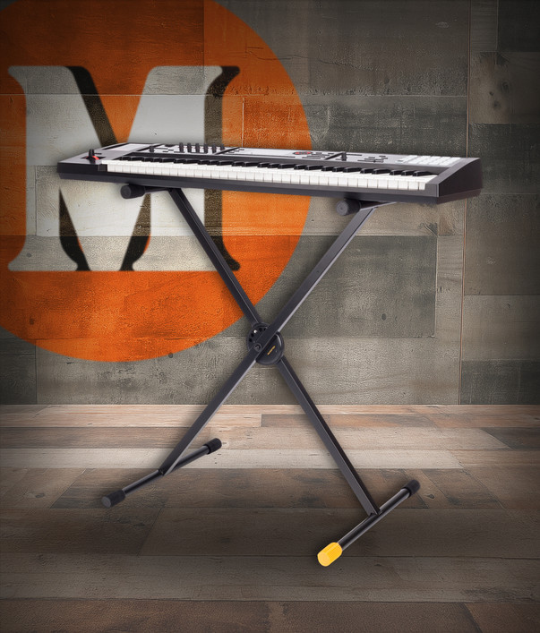 Hercules KS110B EZ-LOK Single X Keyboard Stand featuring a sturdy X-frame, EZ-LOK height adjustment mechanism, and durable rubber support caps for secure keyboard placement.