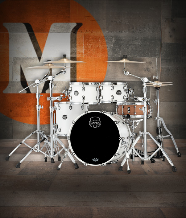 Mapex SR504XRM Saturn Fusion 4-Piece Shell Pack in Satin White finish, no snare included.