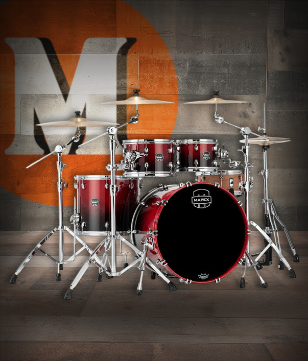 Mapex SR529XURQ Saturn Rock 4-Piece Shell Pack in Scarlet Fade finish, no snare included.