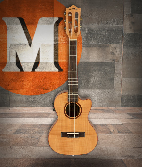 The Lanikai FM-5CET 5-String Tenor Ukulele features a flame maple top, back, and sides for bright, articulate tone with eye-catching visual depth. The 5-string configuration adds a high and low G for expanded range and fuller chord voicings. Its cutaway design improves upper-fret access, while the FishmanÂ® Kula preamp delivers clean, natural amplified sound. Ideal for performers and players looking for a unique, expressive ukulele.