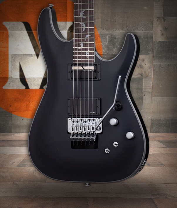 Schecter Damien 6 Platinum Electric Guitar in Black finish - B-Stock model featuring EMG pickups, gothic cross inlays, and sleek contoured double-cutaway body