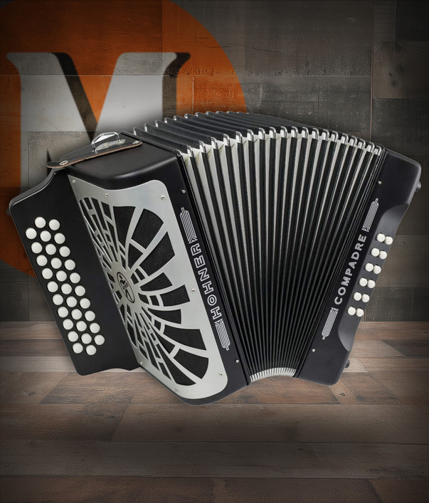 Hohner Compadre Accordion - Black (GCF), 31-button, 12-bass diatonic accordion featuring lightweight body, smooth bellows, and Hohnerâ€™s authentic Tex-Mex sound