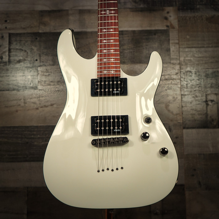Schecter Omen-6 Electric Guitar in Vintage White finish – B-Stock model featuring dual humbuckers, black hardware, and classic double-cutaway body