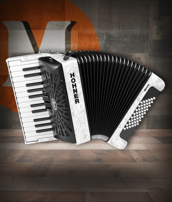 Hohner Bravo II 48 Accordion - White finish with Black Bellows, 26 treble keys, 48 bass buttons, and classic Hohner craftsmanship for students and professionals