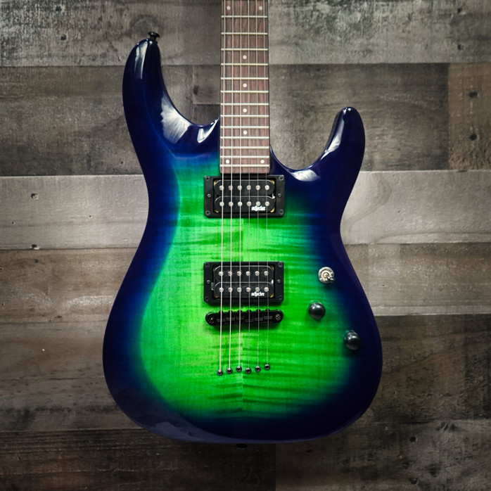Schecter C-6 Elite Electric Guitar in Aqua Burst finish – double-cutaway body, black hardware, maple neck, and sleek modern design