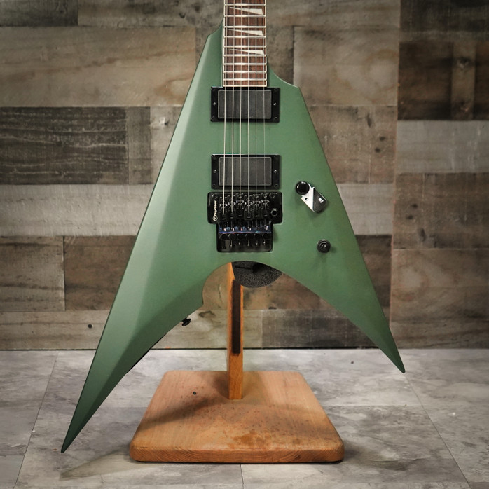 ESP LTD Arrow-200 Electric Guitar in Military Green finish – V-shaped body with black hardware and high-output pickups, front angled view