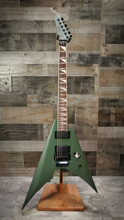 ESP LTD Arrow-200 Electric Guitar in Military Green finish – V-shaped body with black hardware and high-output pickups, front angled view