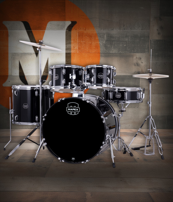 The Mapex Comet CM5294FTCDK 5-Piece Complete Drum Set in Dark Black includes drums, hardware, throne, and cymbals—everything beginners need to start playing. Shop Musician Madness!