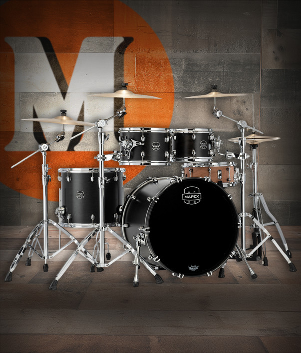 Mapex SR529XUFB Saturn Series 4-Piece Rock Shell Pack in Satin Black finish, no snare included.