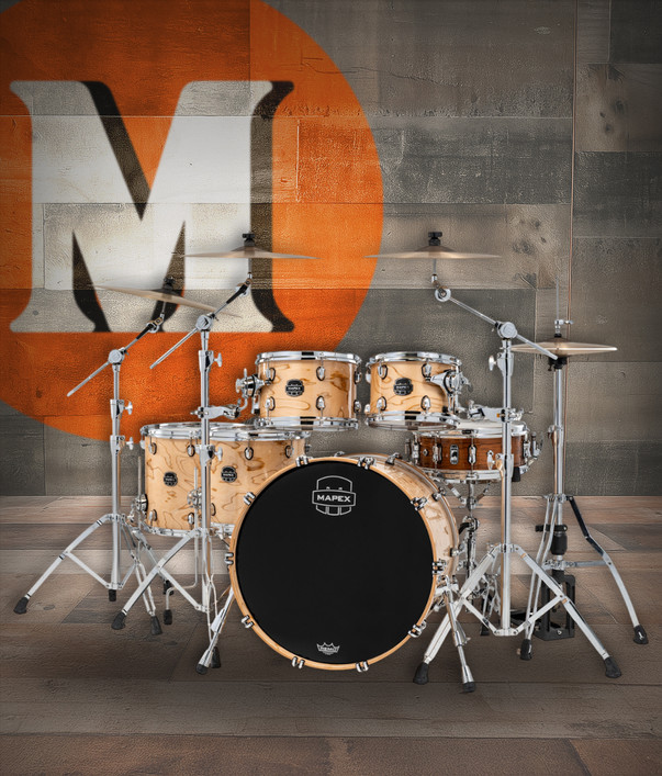 The Mapex Saturn VI Studioease 5-Piece Shell Pack (SR628XUZXN) features hybrid maple/walnut shells for enhanced tone, projection, and dynamic response. Finished in a premium Exotic Natural Burl, this kit offers a warm low-end, smooth mids, and articulate highs. SONIClear bearing edges improve tuning consistency and head-to-shell contact, making this shell pack ideal for studio recording and professional live performance.