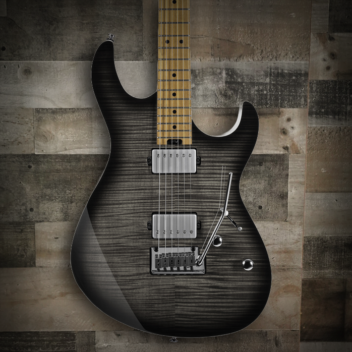 Cort Double Cutaway Electric Guitar in Trans Black Burst finish – solid-body design with dual humbuckers, contoured top, and chrome hardware