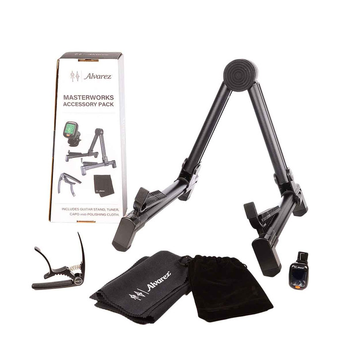 Alvarez AMAP1 Masterworks Accessory Pack featuring a guitar stand, digital tuner, premium capo, and polishing cloth—complete accessory bundle for guitar players.