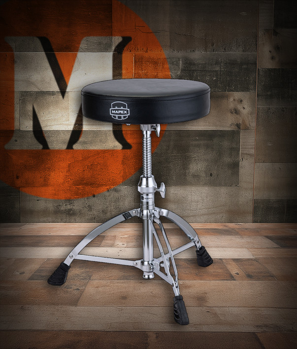 Mapex T660 Round Seat Top Drum Throne with Threaded Spindle – adjustable drum seat with padded round cushion, threaded height control, and double-braced chrome legs