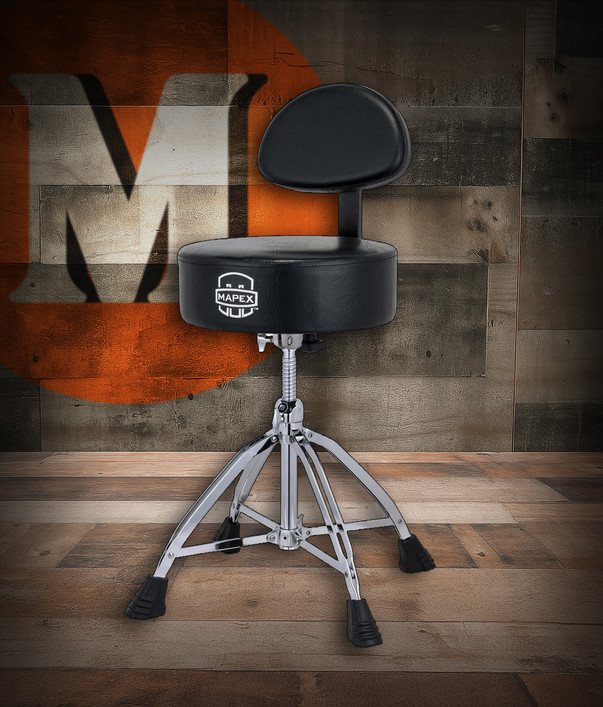 Mapex T870 Double-Braced 4-Leg Drum Throne with Black Leather Round Cushion and Backrest – heavy-duty adjustable seat offering maximum comfort, stability, and ergonomic support