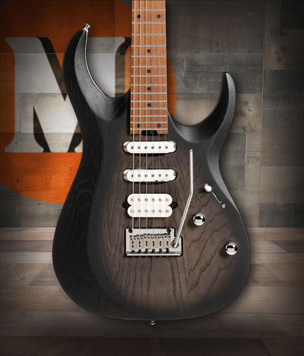 Cort X700 Triality Electric Guitar in Open Pore Black Burst finish with roasted maple neck and Seymour Duncan Hyperion pickups.