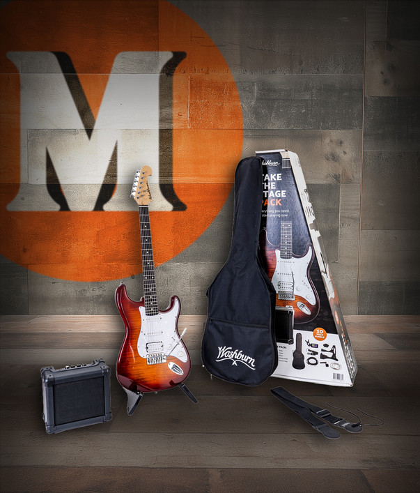 Washburn Sonamaster Take the Stage Electric Guitar Pack featuring Sonamaster guitar, practice amp, gig bag, and accessories.